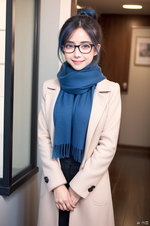 1girl, bespectacled, blue_eyes, blue_hair, blush, closed_mouth, coat, eyebrows_visible_through_hair, glasses, hair_bun, holding, letterboxed, looking_at_viewer, pillarboxed, purple_eyes, red-framed_eyewear, scarf, shima_rin, smile, solo