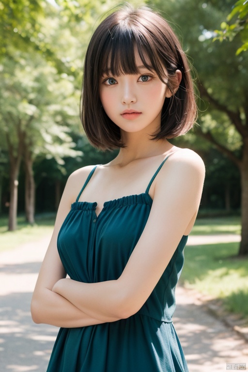 1girl, solo, looking at viewer, blush, short hair, bangs, blue eyes, dress, bare shoulders, closed mouth, upper body, outdoors, green hair, tree, blue dress, crossed arms