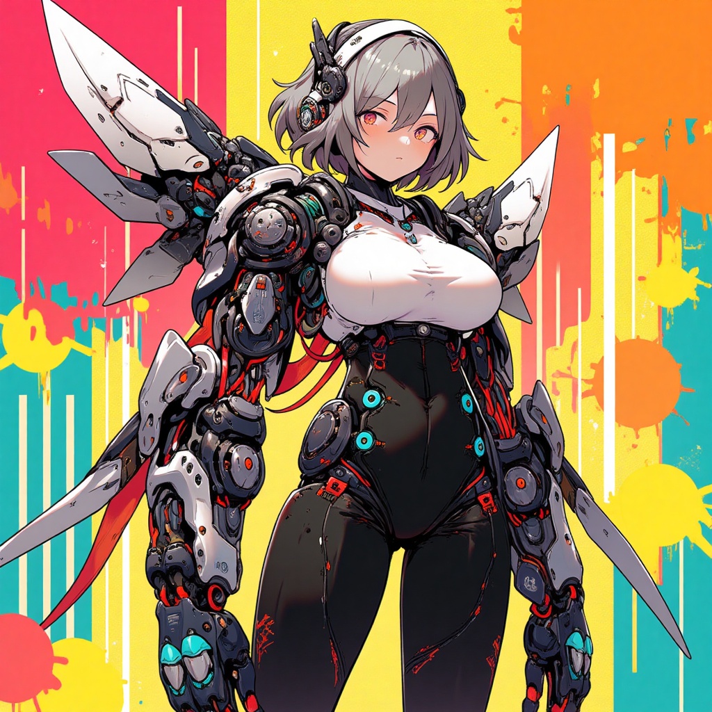 A vibrant and futuristic image! A cyborg girl stands confidently,  her synthetic limbs - large mechanical arms - extending...