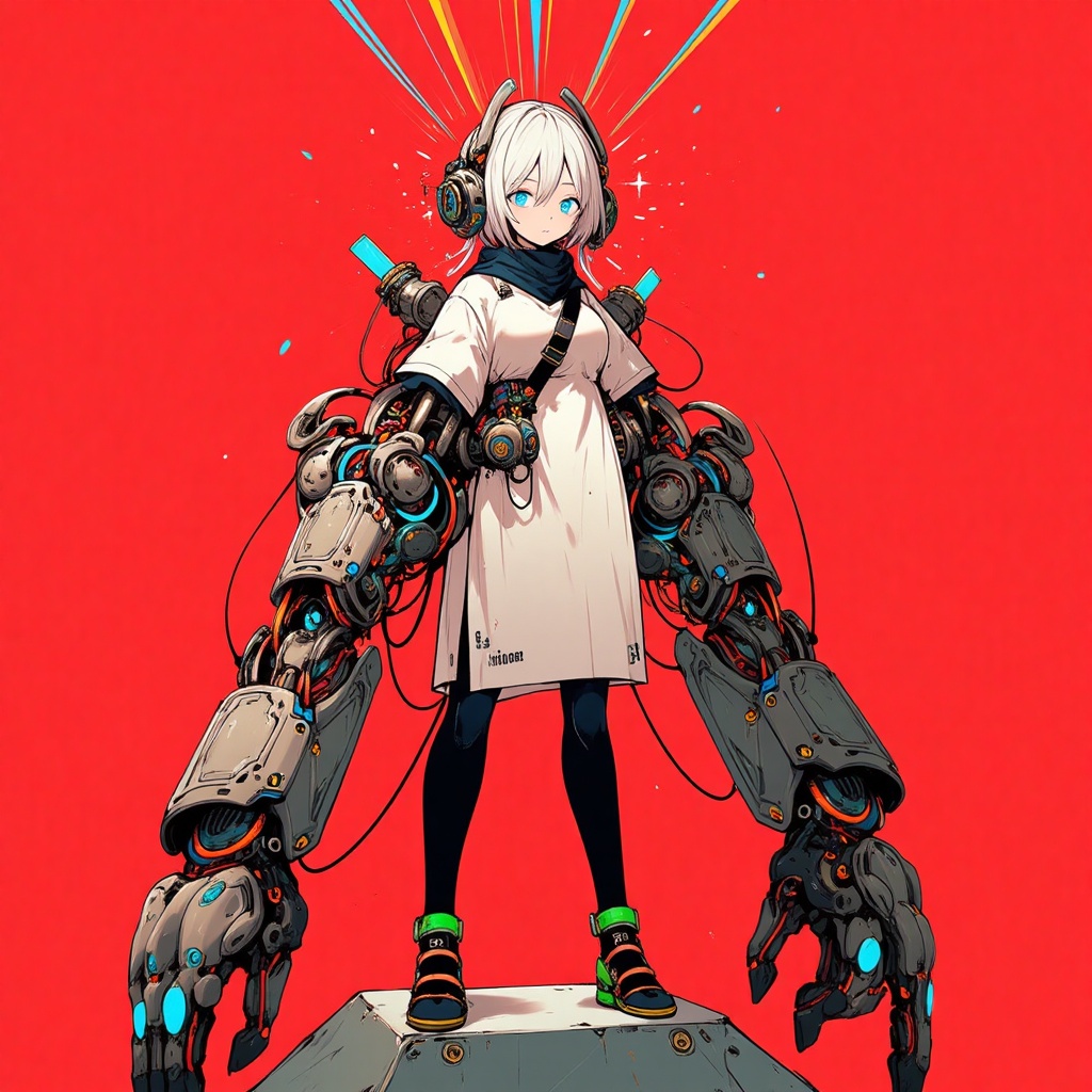 A bold pop art portrait of a cyborg girl,  set against a bright red background,  features her standing confidently with la...