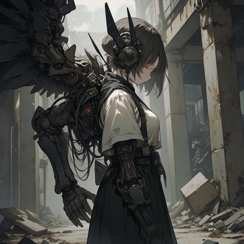 A young girl in a worn-out school uniform stands amidst the ruins of an abandoned warehouse,  her eyes fixed on the intric...