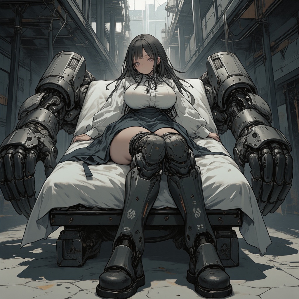 A cybernetic schoolgirl,  clad in her uniform,  lies supine on a futuristic medical bed amidst the ruins of an abandoned w...