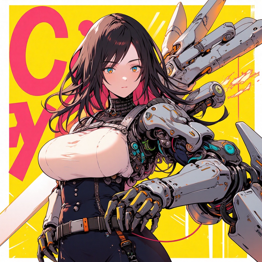 A vibrant and futuristic image! A cyborg girl stands confidently,  her synthetic limbs - large mechanical arms - extending...