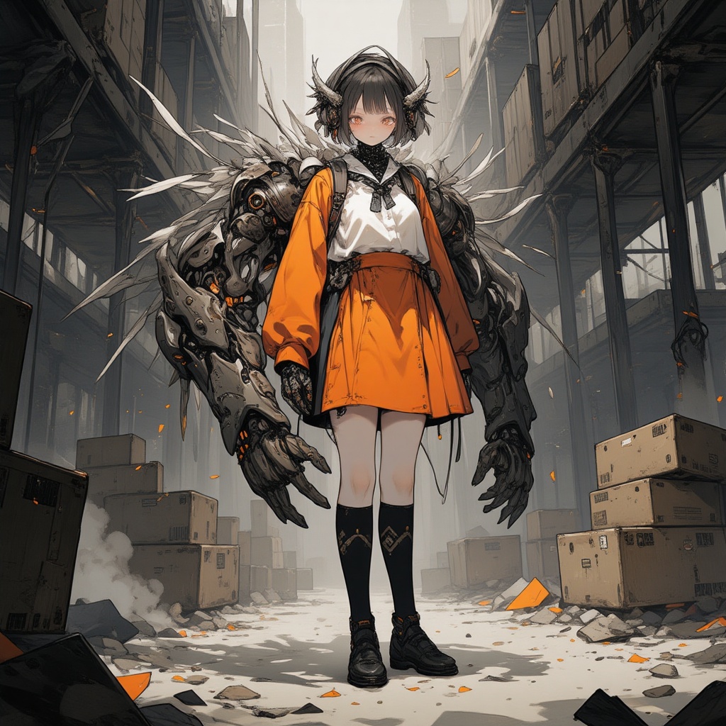 A cyborg schoolgirl stands amidst the ruins of a warehouse,  her bright orange school uniform a stark contrast to the deca...