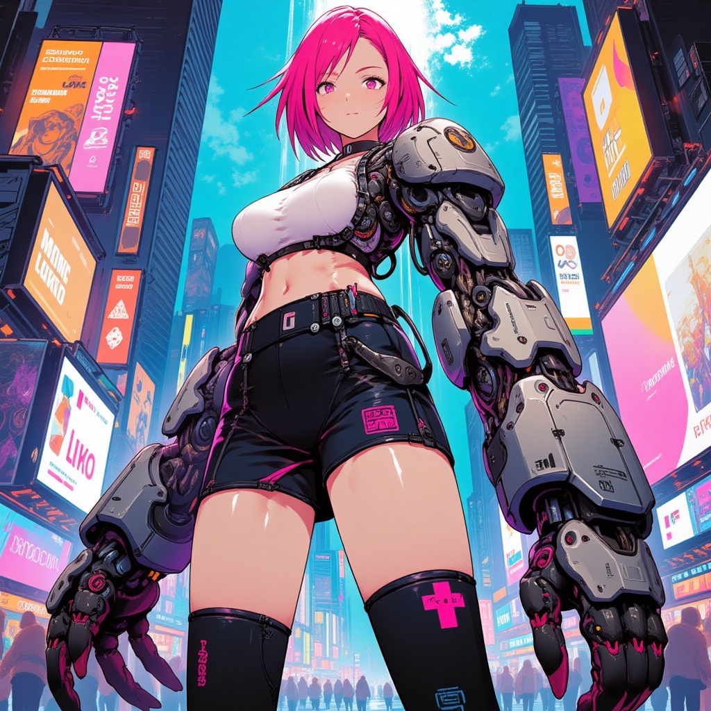 A vibrant pop art scene depicts a futuristic cyborg girl standing confidently in front of a neon-lit cityscape. Her bright...