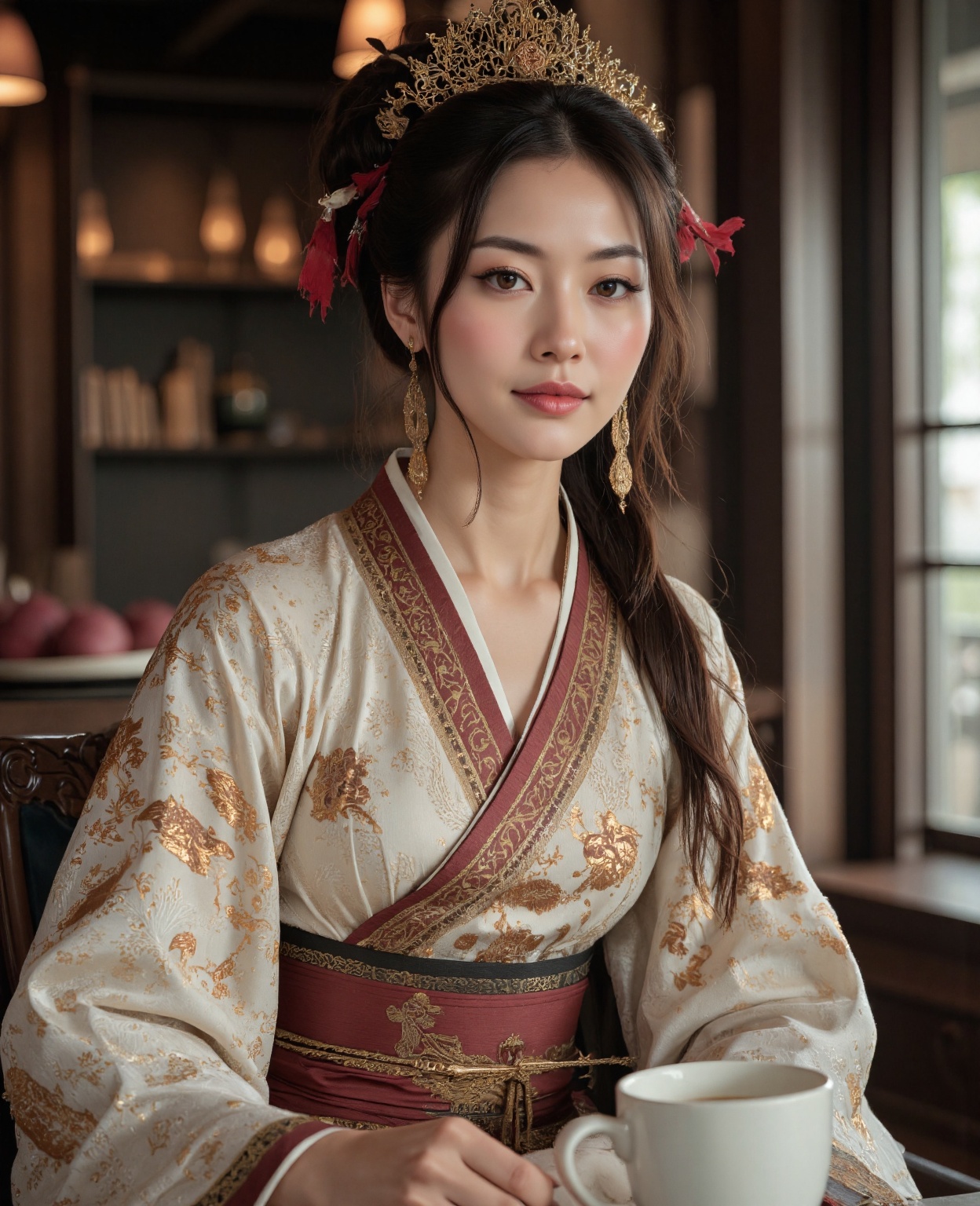 a close up of a woman sitting at a table with a cup of coffee,  palace ,  a girl in hanfu on Tensor.Art
