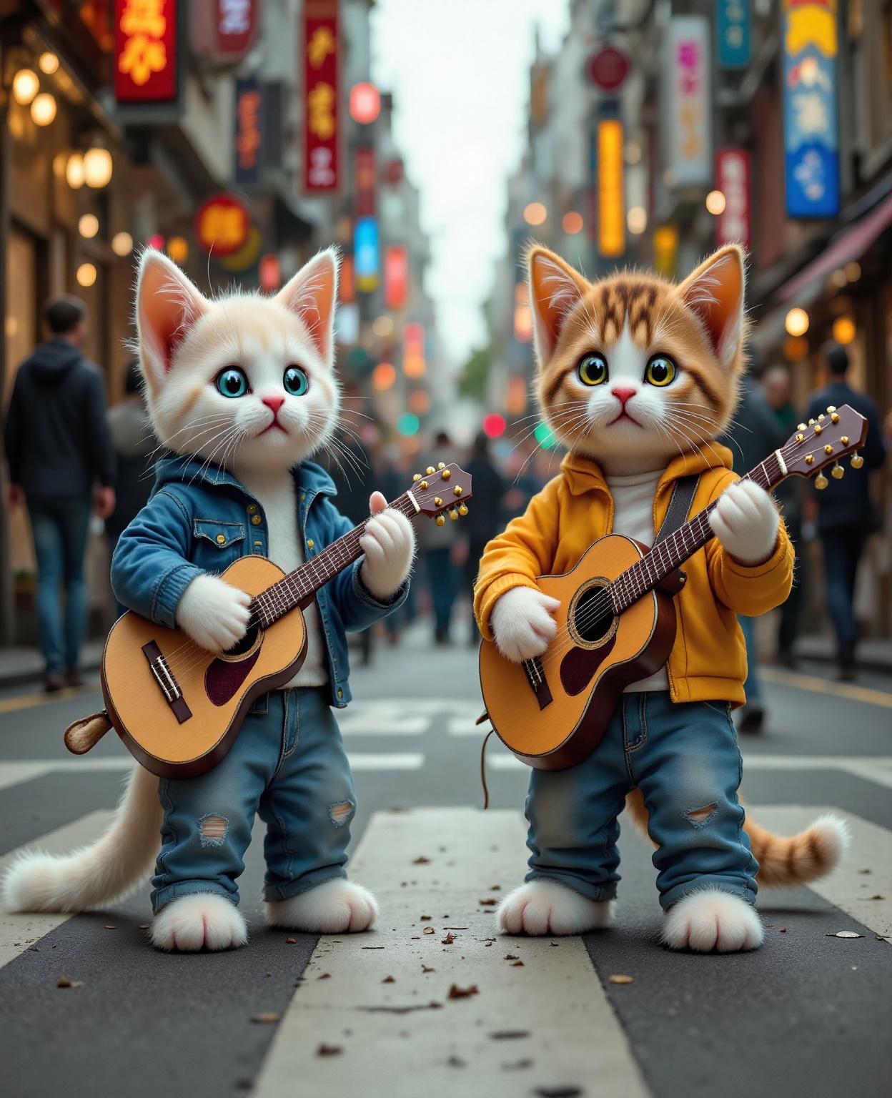 Two kittens,  wearing casual clothes,  they are playing guitars on a crowded street on Tensor.Art