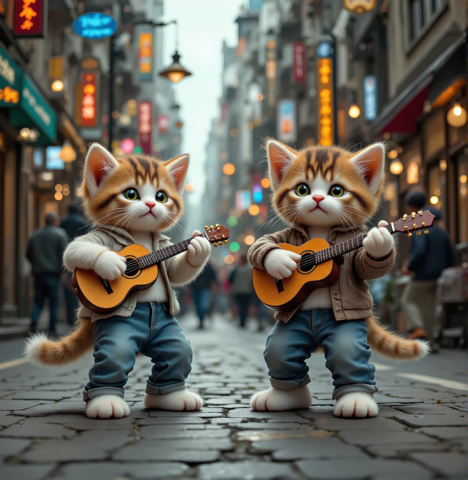 Two kittens,  wearing casual clothes,  they are playing guitars on a crowded street on Tensor.Art