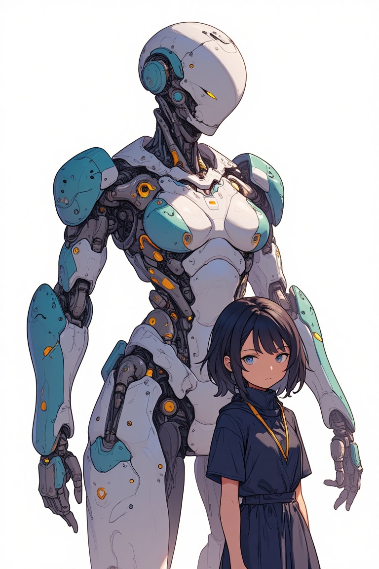 A futuristic cyborg stands confidently in a bright,  flat-colored environment,  with a single girl figure standing before...