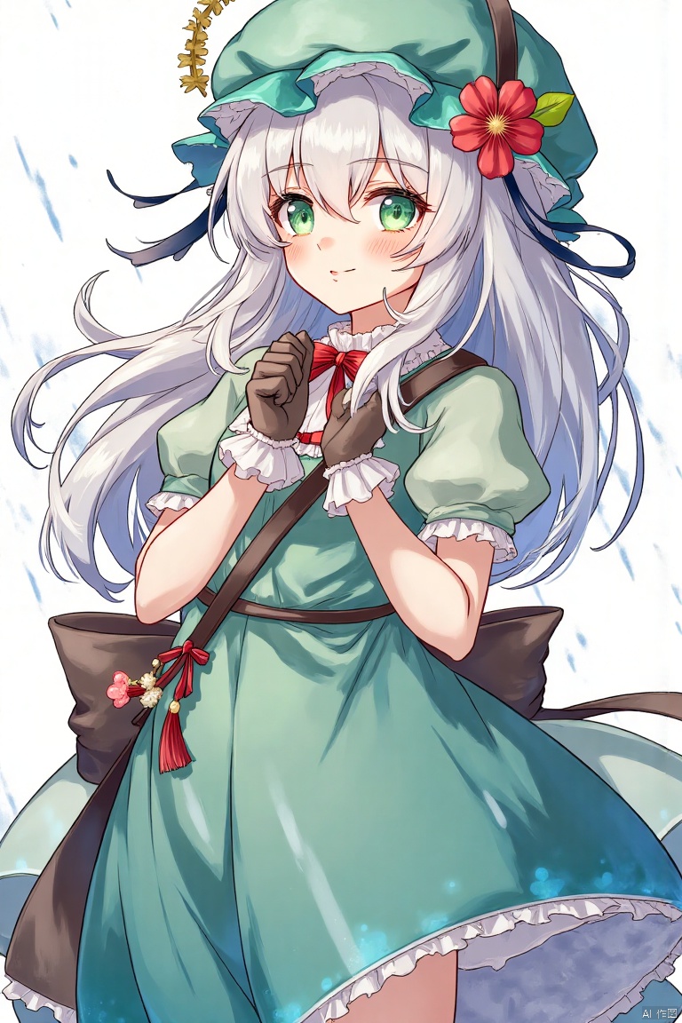 1girl, blush, closed_mouth, dress, english_text, flower, gloves, green_dress, green_headwear, hair_ornament, hands_up, long_hair, looking_at_viewer, puffy_short_sleeves, puffy_sleeves, rain, short_sleeves, smile, solo, standing, white_hair,artist:yizhenyunping
,artist:yizhenyunping