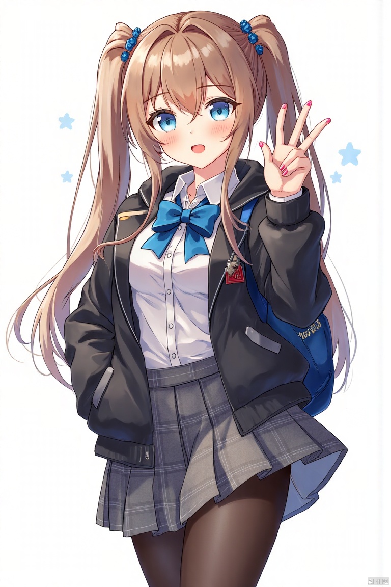 masterpiece,best quality,high quality,(colorful),loli,1girl, solo, skirt, pantyhose, blue eyes, twintails, long hair, bag, pleated skirt, bow, blue bow, grey skirt, looking at viewer, bowtie, blush, brown hair, v, blue bowtie, plaid, shirt, jacket, white background, hood, simple background, black jacket, white shirt, collared shirt, school uniform, plaid skirt, hand in pocket, black pantyhose, pink nails, long sleeves, blue bag, :o, school bag, standing, open mouth, backpack, hooded jacket, nail polish, hood down, hand up, brown pantyhose, parted lips, miniskirt
,artist:yizhenyunping