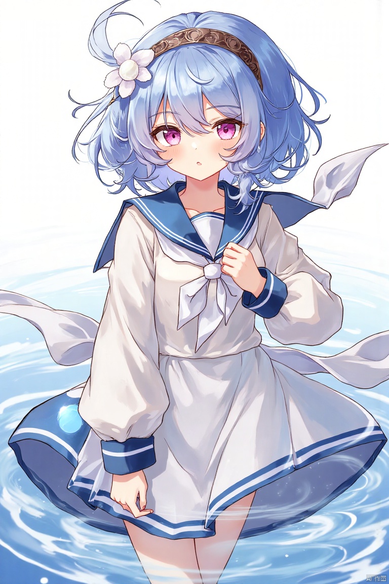 1girl, solo, looking at viewer, bangs, long sleeves, dress, holding, closed mouth, blue hair, hairband, pink eyes, sailor collar, water, neckerchief, wading, curly hair, ripples, white neckerchief,artist:yizhenyunping
,artist:yizhenyunping