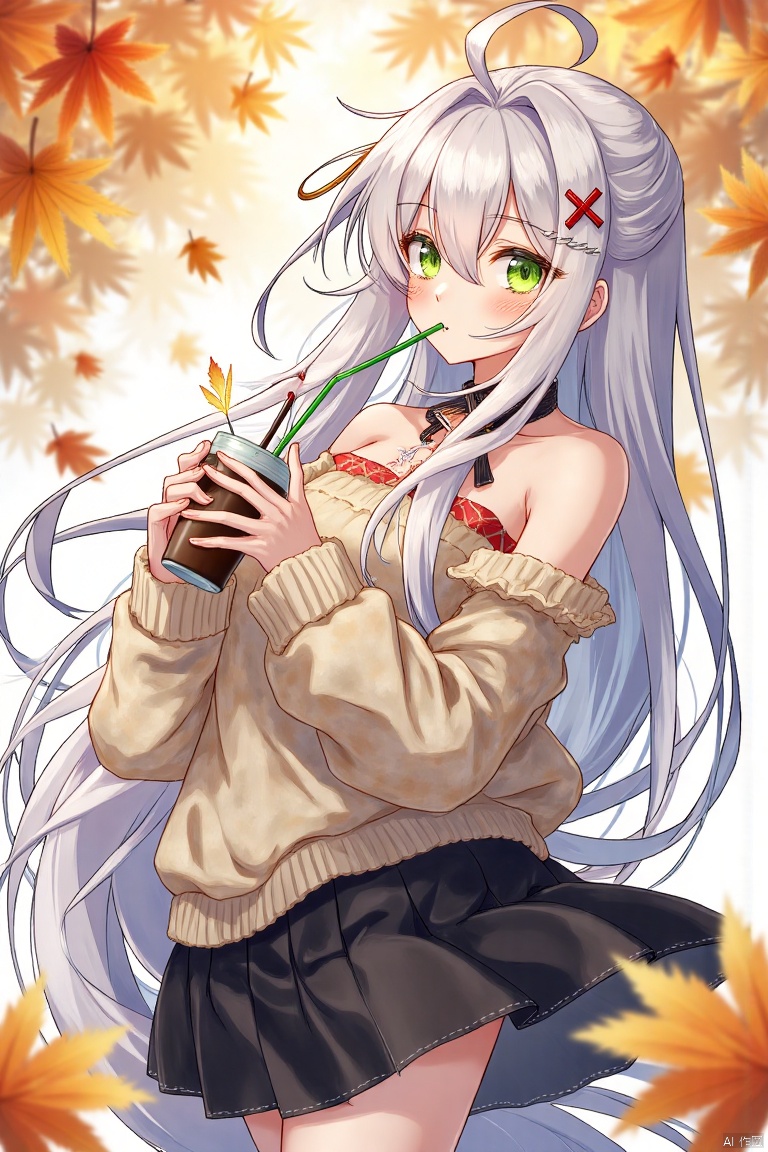 1girl, solo, long_hair, skirt, green_eyes, hair_ornament, holding_cup, cup, holding, disposable_cup, sweater, looking_at_viewer, blurry, off_shoulder, white_hair, black_skirt, drinking_straw, blurry_foreground, hairclip, x_hair_ornament, leaf, depth_of_field, long_sleeves, autumn_leaves, two_side_up, bare_shoulders, hair_between_eyes, very_long_hair, autumn, off-shoulder_sweater, blush, plaid,artist:yizhenyunping