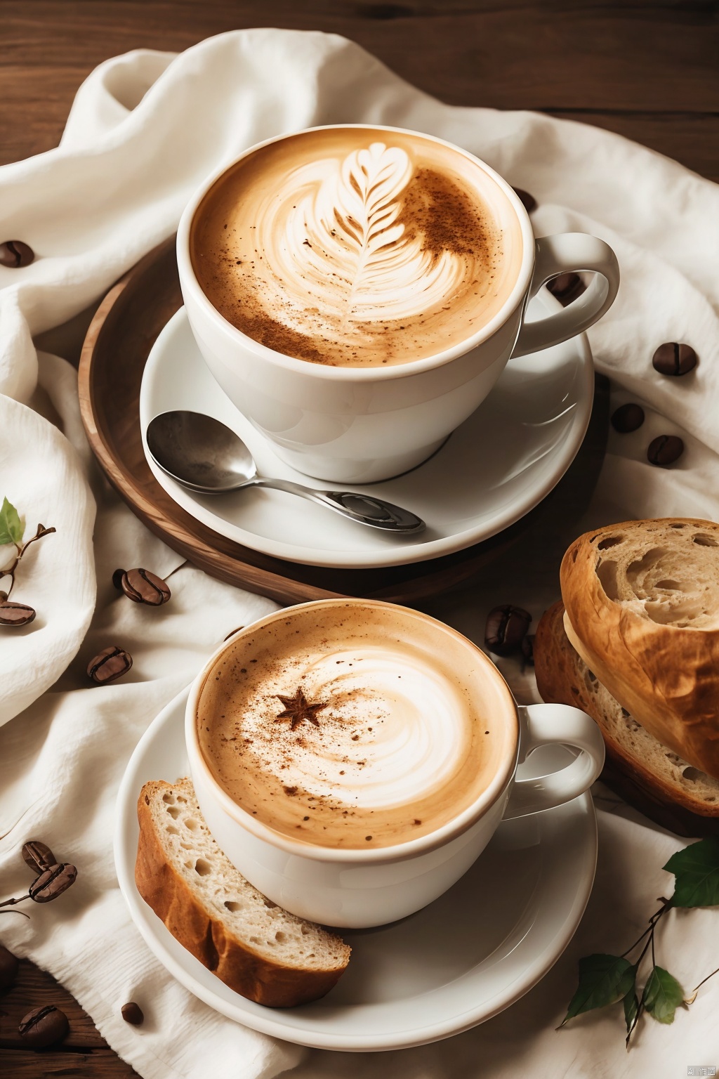 cup, no humans, bird, leaf, looking up, teacup, spoon, animal focus, saucer, coffee, food focus, wooden table, sparrow,bread,star print,blanket,ice cream