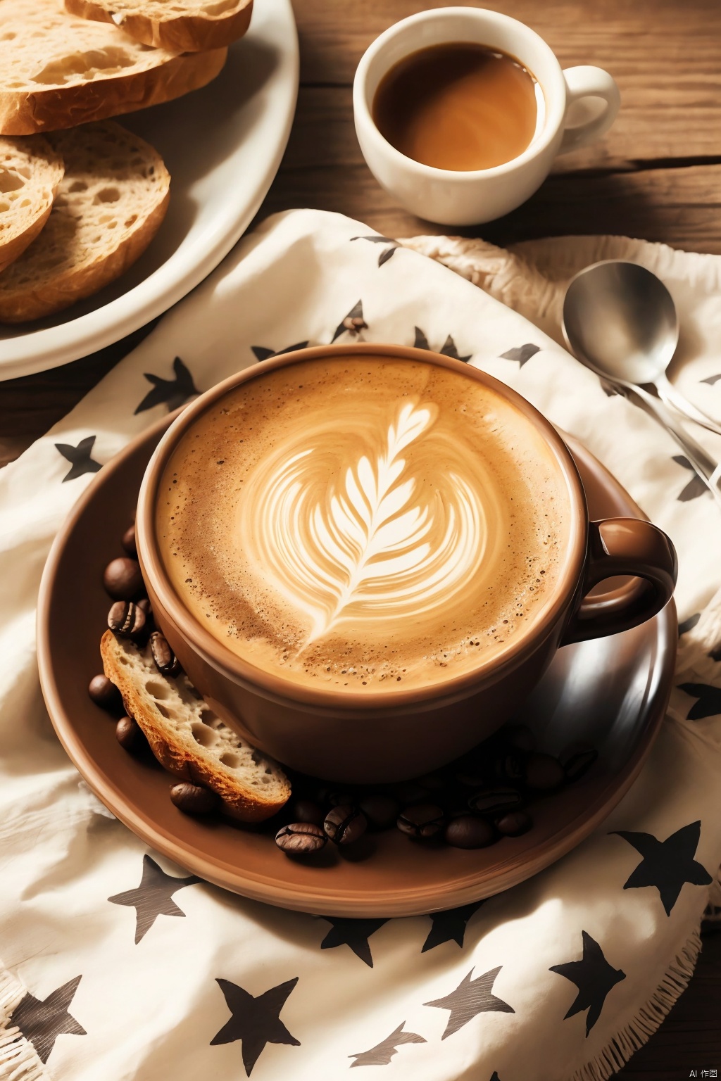 cup, no humans, bird, leaf, looking up, teacup, spoon, animal focus, saucer, coffee, food focus, wooden table, sparrow,bread,star print,blanket