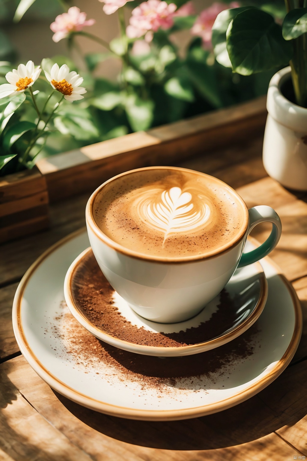 flower, food, blurry, cup, no humans, table, plant, scenery, plate, teacup, coffee, food focus, still life, wooden table