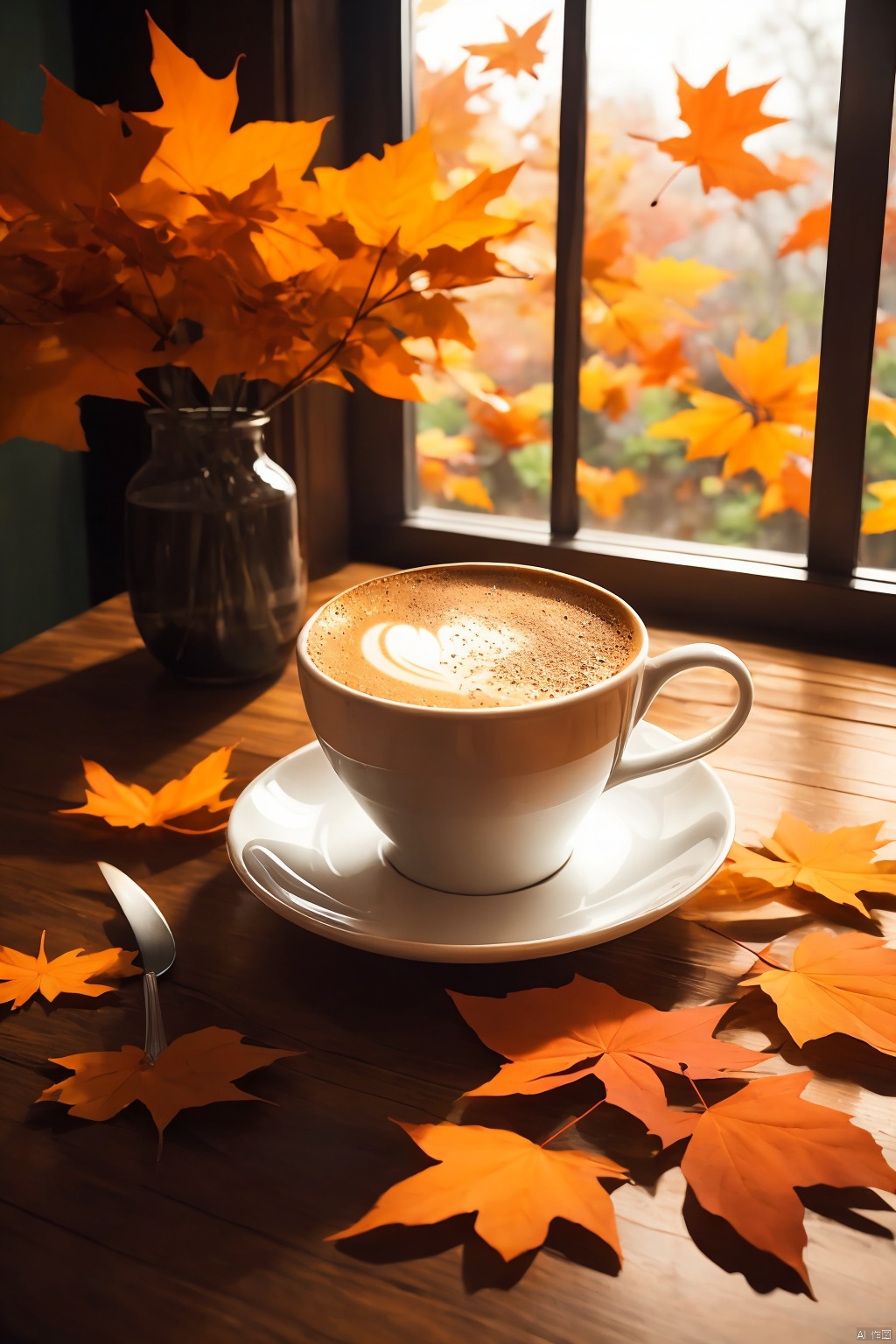 indoors, cup, no humans, window, leaf, table, teacup, spoon, glass, autumn leaves, coffee, still life, restaurant, cafe