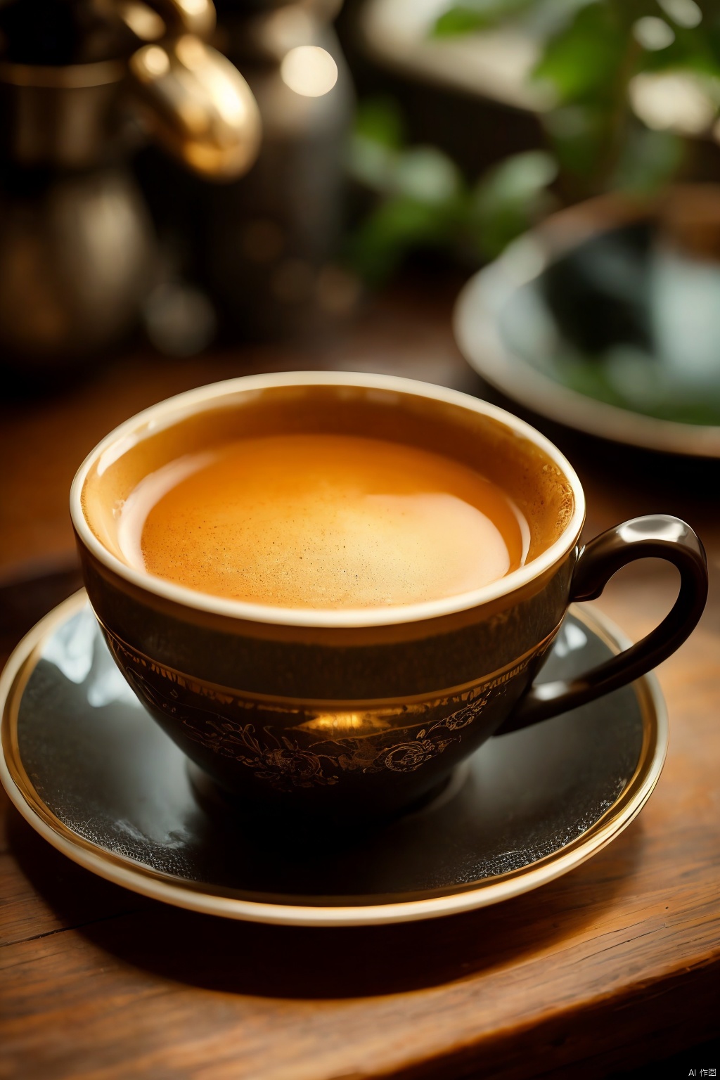 indoors, blurry, cup, no humans, depth of field, teacup, realistic, teapot, tea, saucer, still life, steampunk