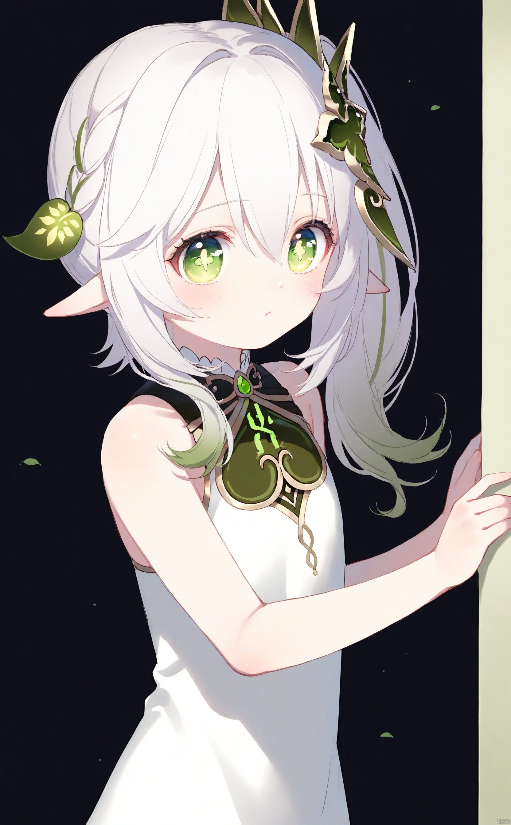 masterpiece,best quality,illustration,[Artist miwano rag],[Artist toosaka asagi],[Artist wlop],[Artist chen bin], 1girl, solo, long hair,loli,loli,loli, (little_girl:1.2),petite:1.1,half body, elf girl,pointy_ears, small breast, green eyes, symbol-shaped pupils, cross-shaped pupils, white hair, green hair, bangs, hair ornament, gradient hair, side tonytail, nahida \(genshin impact\) , chen_bin,sugerjio