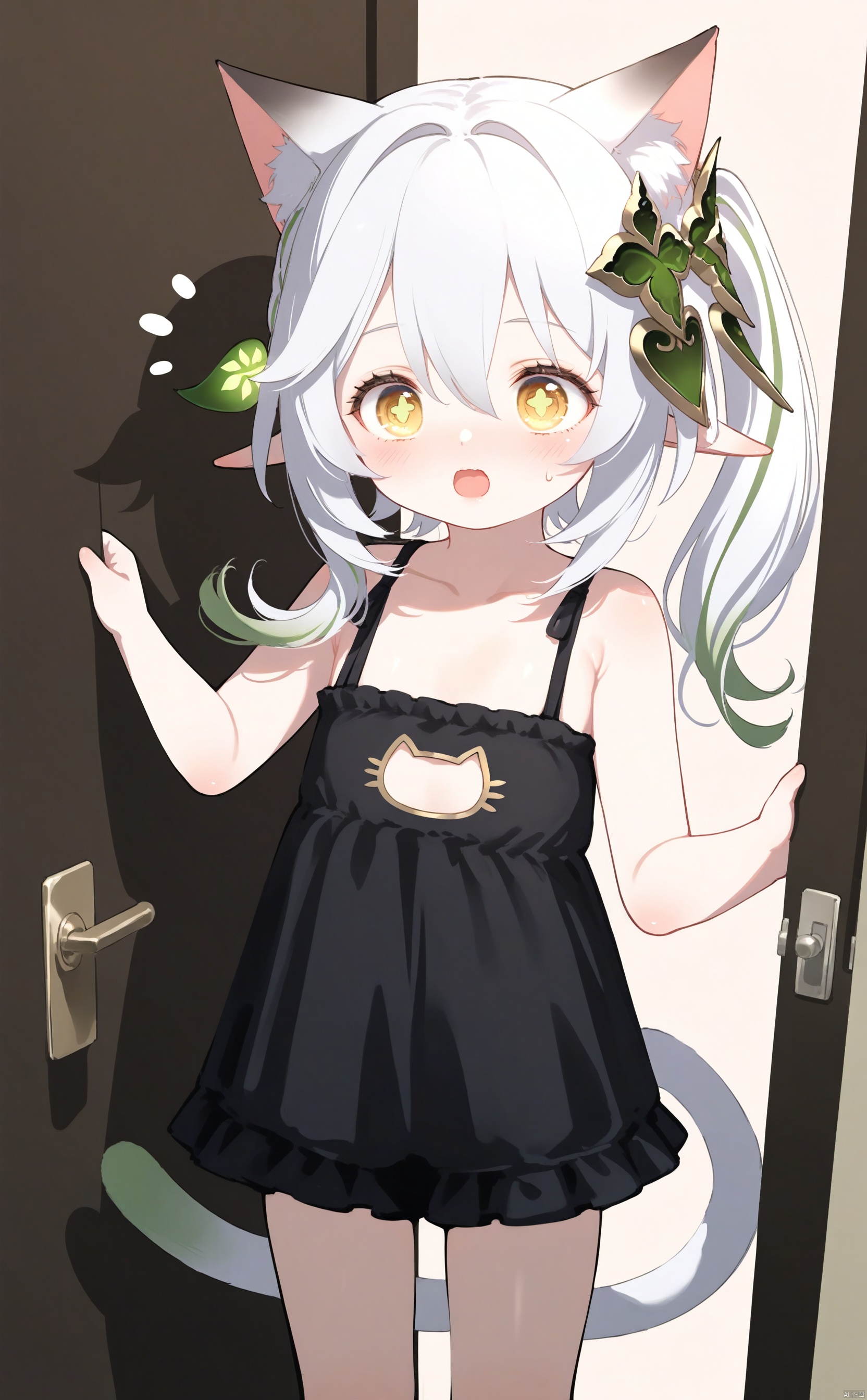 masterpiece,best quality,illustration, dark style, [Artist miwano rag],[Artist toosaka asagi],[Artist wlop],[Artist chen bin], 1girl, solo, long hair,loli,loli,loli, (little_girl:1.2),petite:1.1, cat girl, cat ears, cat tail, small breast,yellow eyes, cat pupils, white hair, green hair, Surprise, half close eyes, hair ornament, gradient hair, low twintails, nahida \(genshin impact\) ,opening the door, open mouth, standing beside the door, hand on the door,
