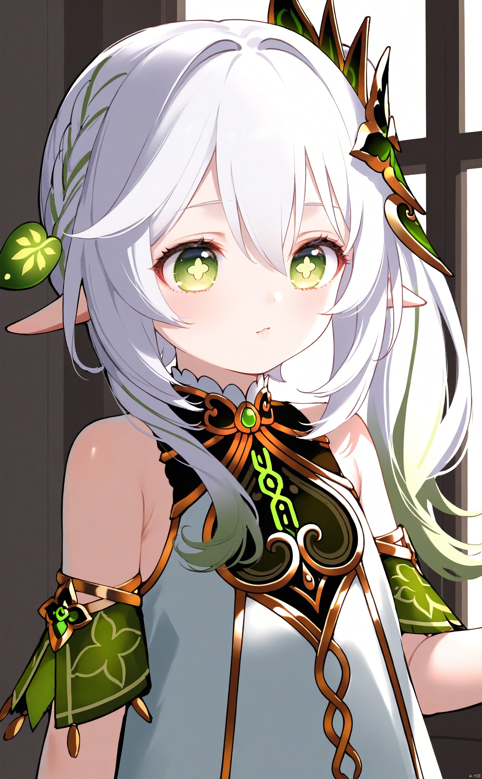 masterpiece,best quality,illustration,[Artist miwano rag],[Artist toosaka asagi],[Artist wlop],[Artist chen bin], 1girl, solo, long hair,loli,loli,loli, (little_girl:1.2),petite:1.1,half body, elf girl,pointy_ears, small breast, green eyes, symbol-shaped pupils, cross-shaped pupils, white hair, green hair, bangs, hair ornament, gradient hair, side tonytail, nahida \(genshin impact\) , chen_bin,sugerjio