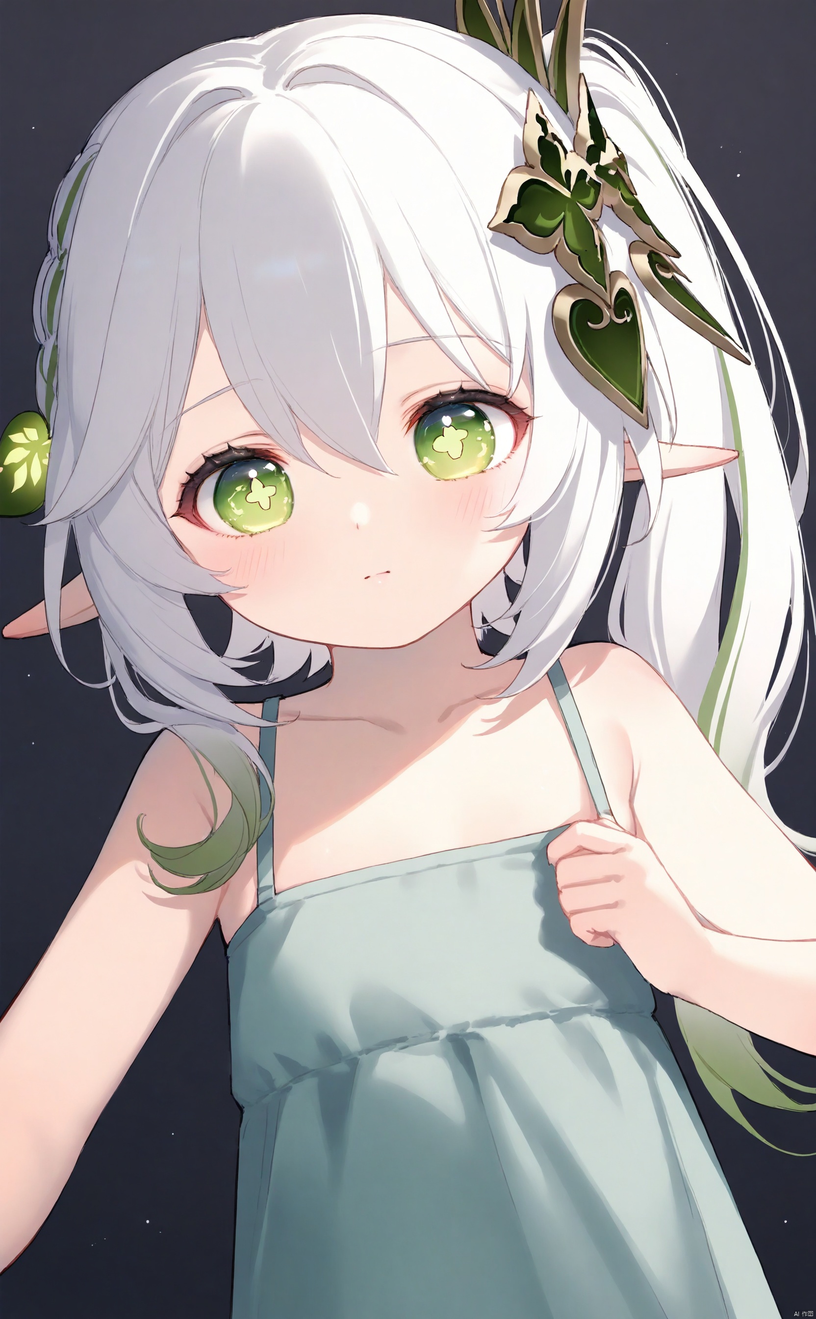 masterpiece,best quality,illustration,[Artist miwano rag],[Artist toosaka asagi],[Artist wlop],[Artist chen bin], 1girl, solo, long hair,loli,loli,loli, (little_girl:1.2),petite:1.1,half body, elf girl,pointy_ears, small breast, green eyes, symbol-shaped pupils, cross-shaped pupils, white hair, green hair, bangs, hair ornament, gradient hair, side tonytail, nahida \(genshin impact\) , chen_bin,sugerjio