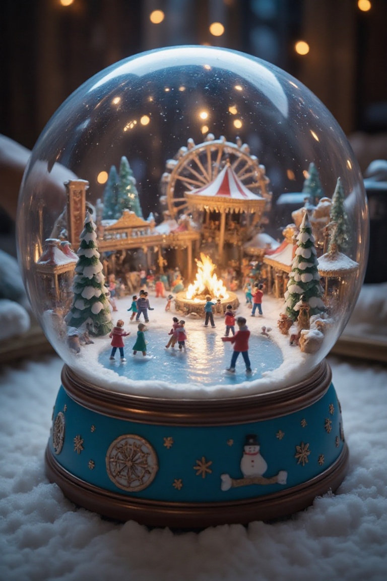 Snowglobe featuring a bustling winter carnival,  complete with skaters gliding on a frozen pond,  a glowing Ferris wheel o...
