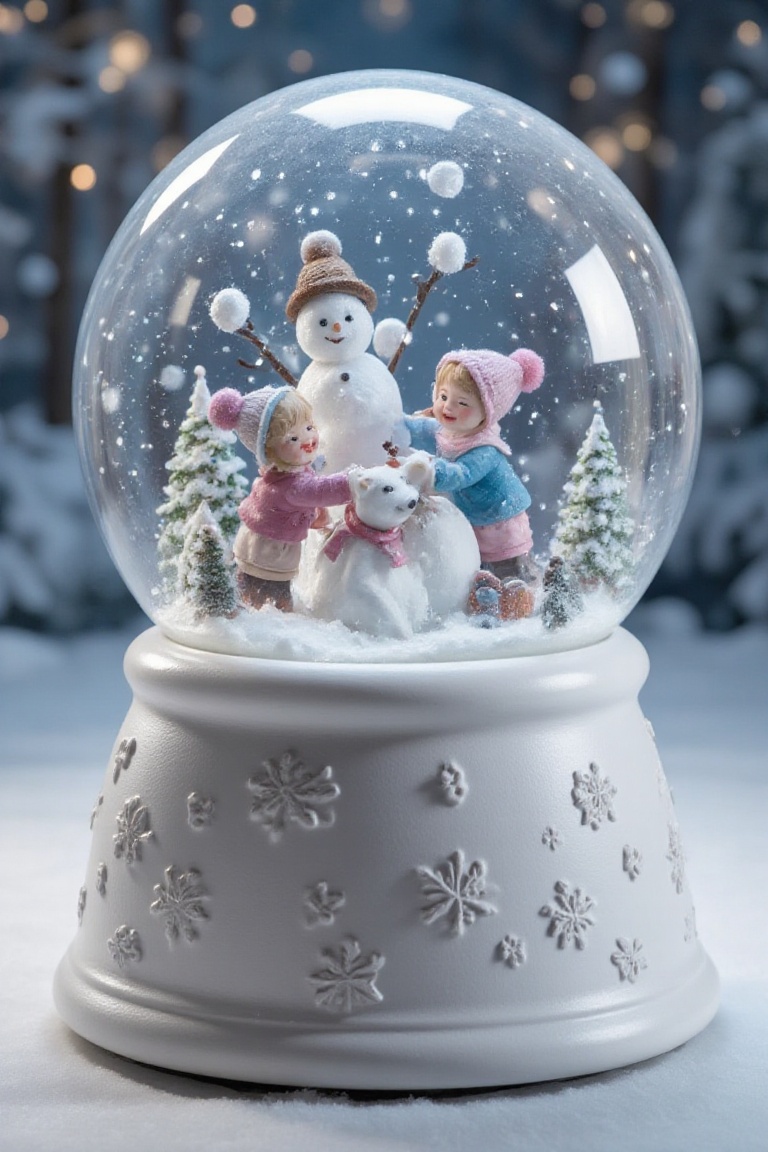 Snowglobe featuring a snowman family,  carefully building a snow-dog while snow kids giggle and toss snowballs in a frosty...