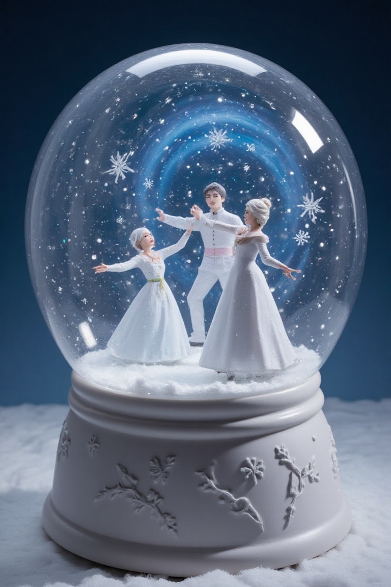 Snowglobe featuring an enchanting snow-dance competition,  with snowpeople spinning on an ice rink under swirling snow tha...