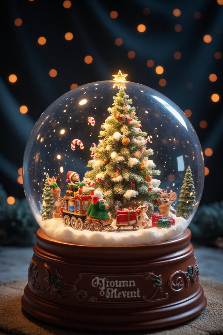 Snowglobe featuring a mischievous elf,  riding a candy-cane train around a glowing Christmas tree,  tossing gifts to delig...