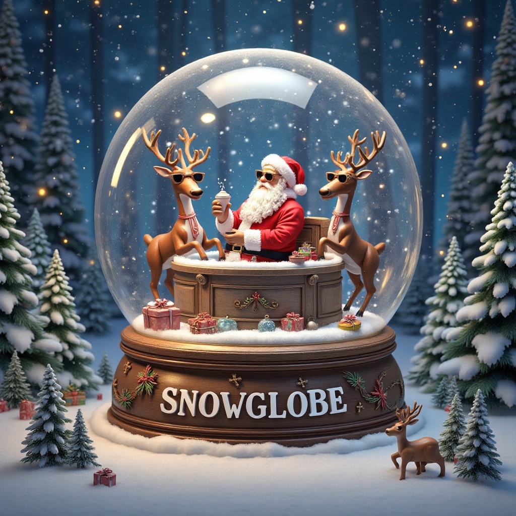 Snowglobe featuring Santa in a hot tub,  surrounded by relaxed reindeer wearing sunglasses,  sipping cocoa under a snowy f...