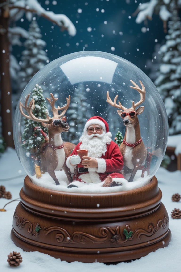 Snowglobe featuring Santa in a hot tub,  surrounded by relaxed reindeer wearing sunglasses,  sipping cocoa under a snowy f...