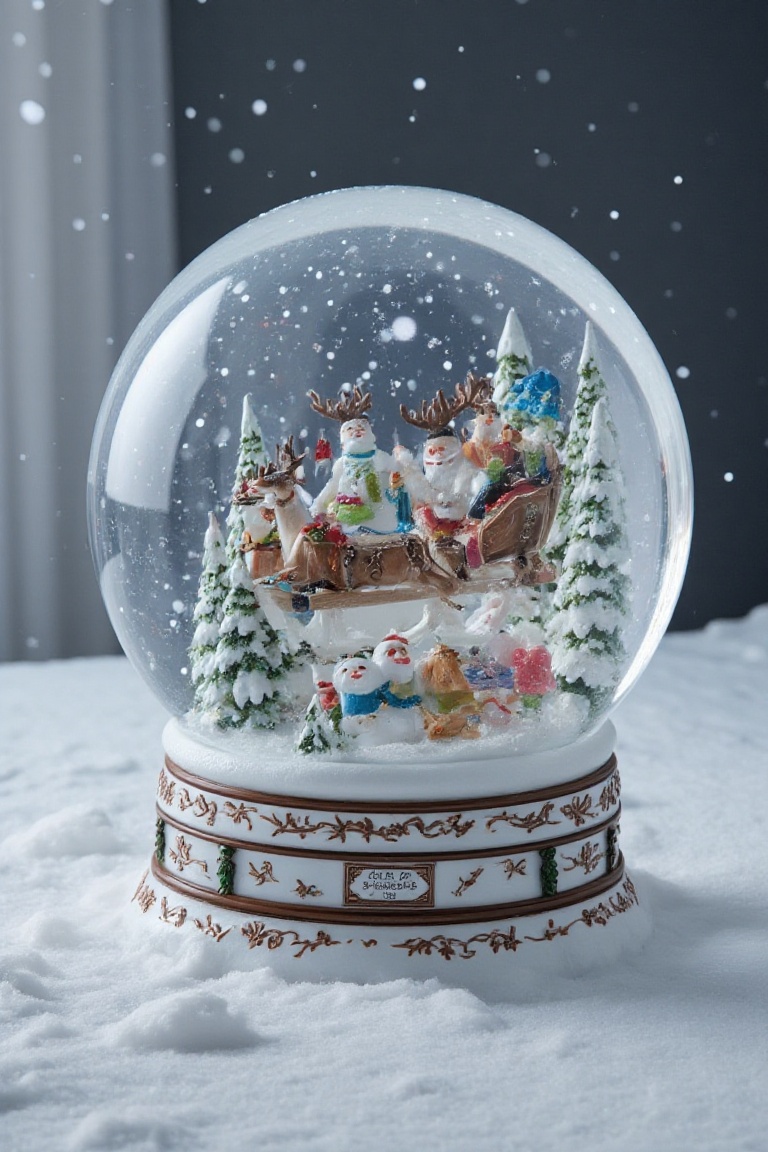 Snowglobe featuring an upside-down reindeer,  flying through a snow-covered forest with a sleigh of laughing snow creature...