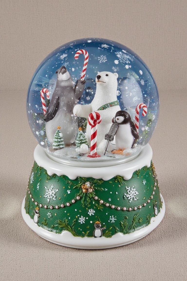 Snowglobe featuring a whimsical talent show,  with a seal juggling candy canes,  a polar bear spinning snowballs on Tensor...