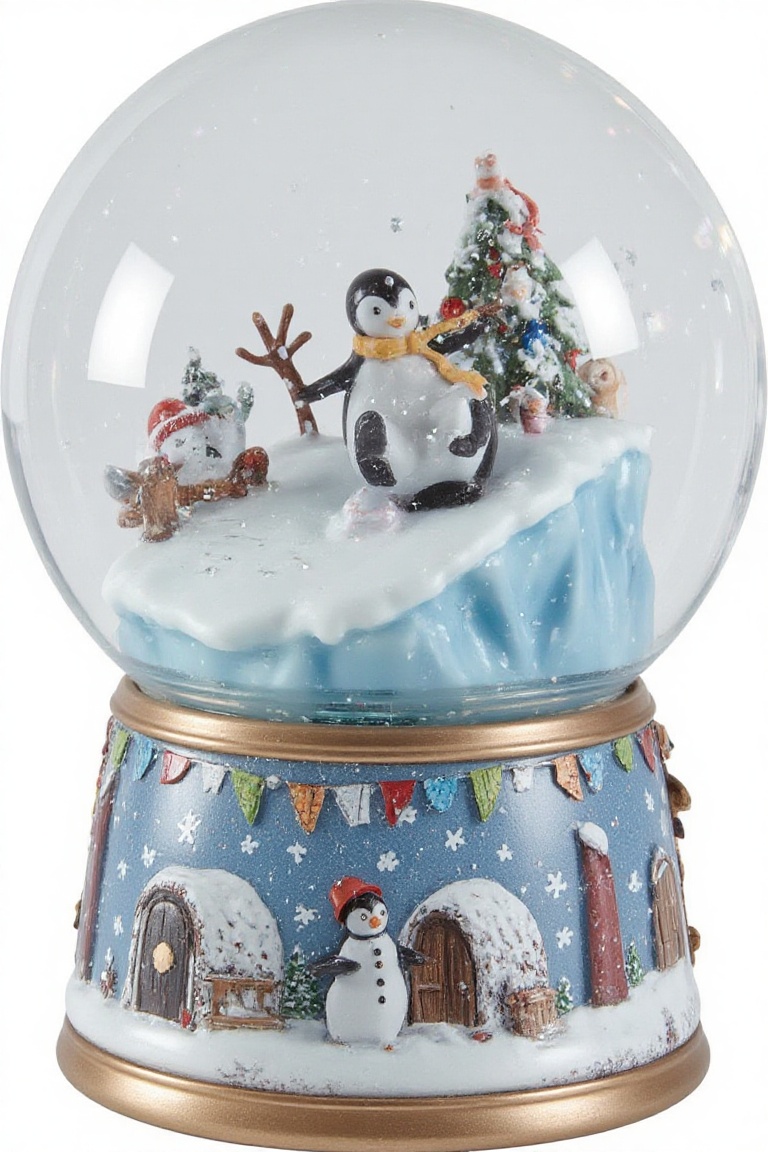 Snowglobe featuring a playful penguin sliding down an icy slope into the arms of a cheerful snowman,  surrounded by igloos...