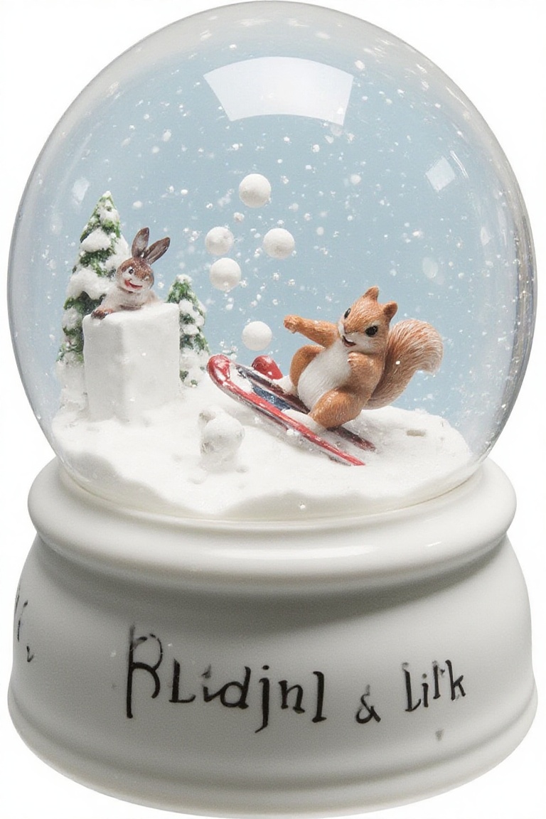 Snowglobe featuring a daring squirrel skiing down a snow-covered hill,  dodging playful snowballs thrown by a laughing rab...