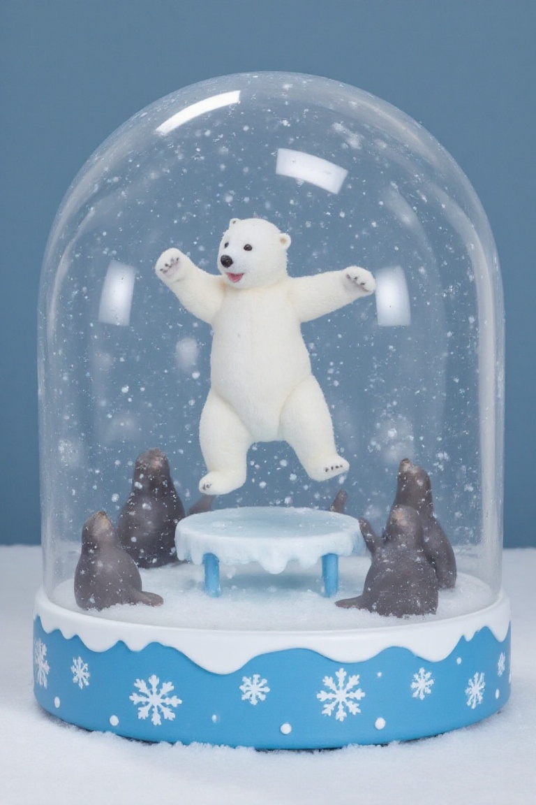 Snowglobe featuring a bouncy polar bear jumping on an ice trampoline as seals cheer excitedly,  with snowflakes flying in...
