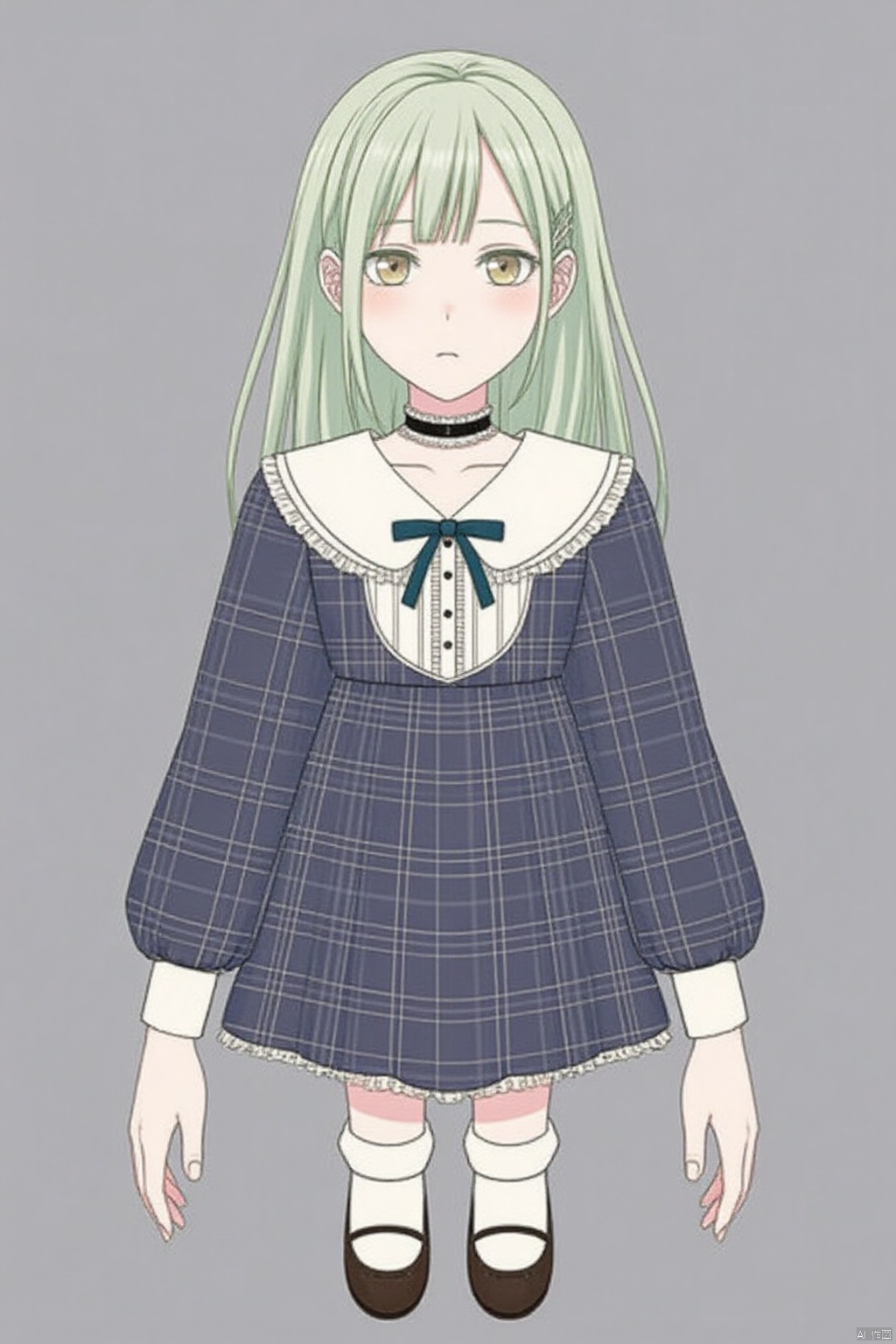 (grey background:1.2),looking at viewer,(SOLO:1.4),outline,simple background,full body,looking at viewer,(((arms at side))),Wakaba Mutsumi,long hair,green hair,bangs,blunt bangs,yellow eyes,hair ornament,hairclip,black_mask
long sleeves,dress,bow,ribbon,shoes,choker,socks,plaid,neck ribbon,blue dress,white socks, mary janes,plaid dress,