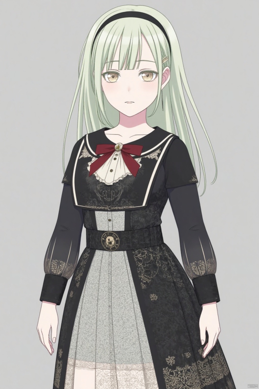 (grey background:1.2),looking at viewer,(SOLO:1.4),outline,simple background,full body,looking at viewer,(((arms at side))),Wakaba Mutsumi,long hair,green hair,bangs,blunt bangs,yellow eyes,hair ornament,hairclip,