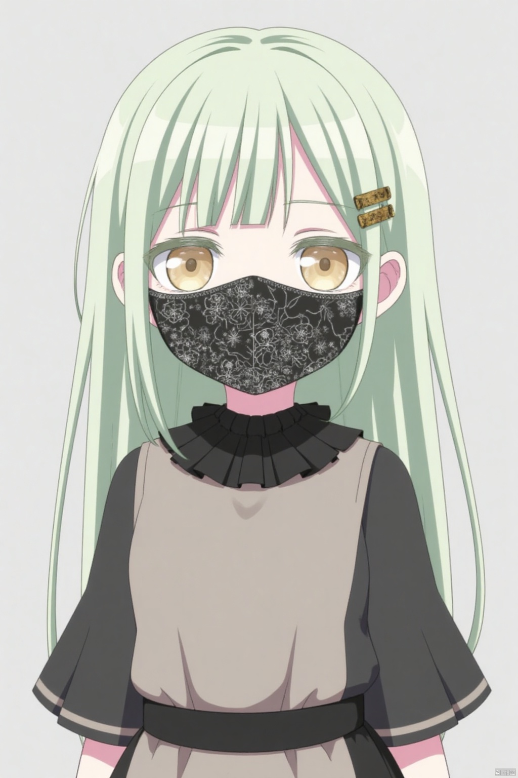 (grey background:1.2),looking at viewer,(SOLO:1.4),outline,simple background,full body,looking at viewer,(((arms at side))),Wakaba Mutsumi,long hair,green hair,bangs,blunt bangs,yellow eyes,hair ornament,hairclip,black_mask
