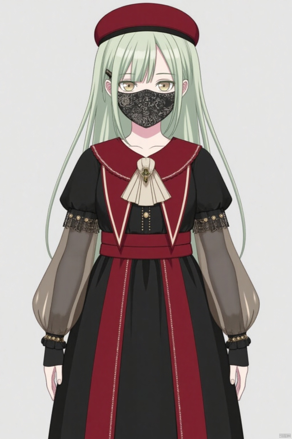 (grey background:1.2),looking at viewer,(SOLO:1.4),outline,simple background,full body,looking at viewer,(((arms at side))),Wakaba Mutsumi,long hair,green hair,bangs,blunt bangs,yellow eyes,hair ornament,hairclip,black_mask
long sleeves,hat,dress,jewelry,pantyhose,earrings,ascot,beret,red footwear,red headwear,