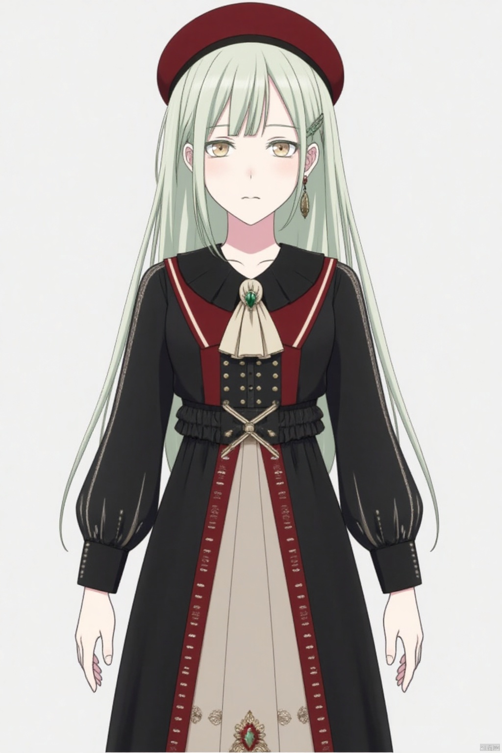 (grey background:1.2),looking at viewer,(SOLO:1.4),outline,simple background,full body,looking at viewer,(((arms at side))),Wakaba Mutsumi,long hair,green hair,bangs,blunt bangs,yellow eyes,hair ornament,hairclip,black_mask
long sleeves,hat,dress,jewelry,pantyhose,earrings,ascot,beret,red footwear,red headwear,