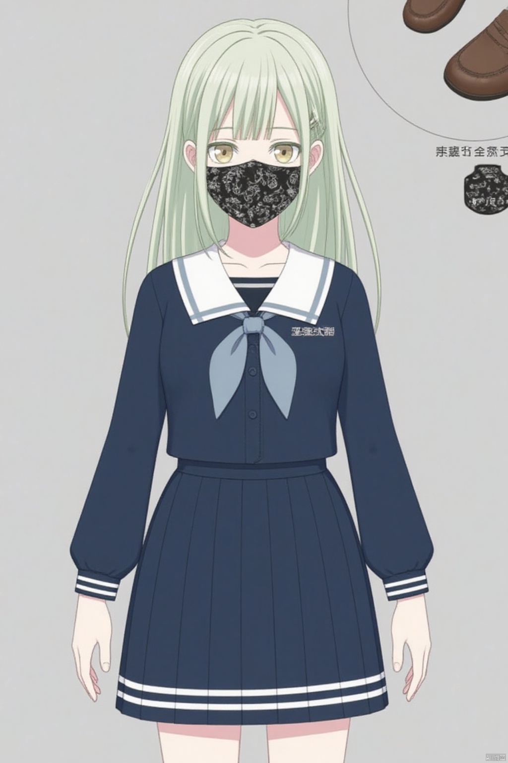(grey background:1.2),looking at viewer,(SOLO:1.4),outline,simple background,full body,looking at viewer,(((arms at side))),Wakaba Mutsumi,long hair,green hair,bangs,blunt bangs,yellow eyes,hair ornament,hairclip,black_mask
skirt,shirt,long sleeves,dress,school uniform, standing,pleated skirt,shoes,serafuku,socks,sailor collar,neckerchief,kneehighs,brown footwear,black socks,loafers,white sailor collar,blue neckerchief, navy blue school uniform with a white collar