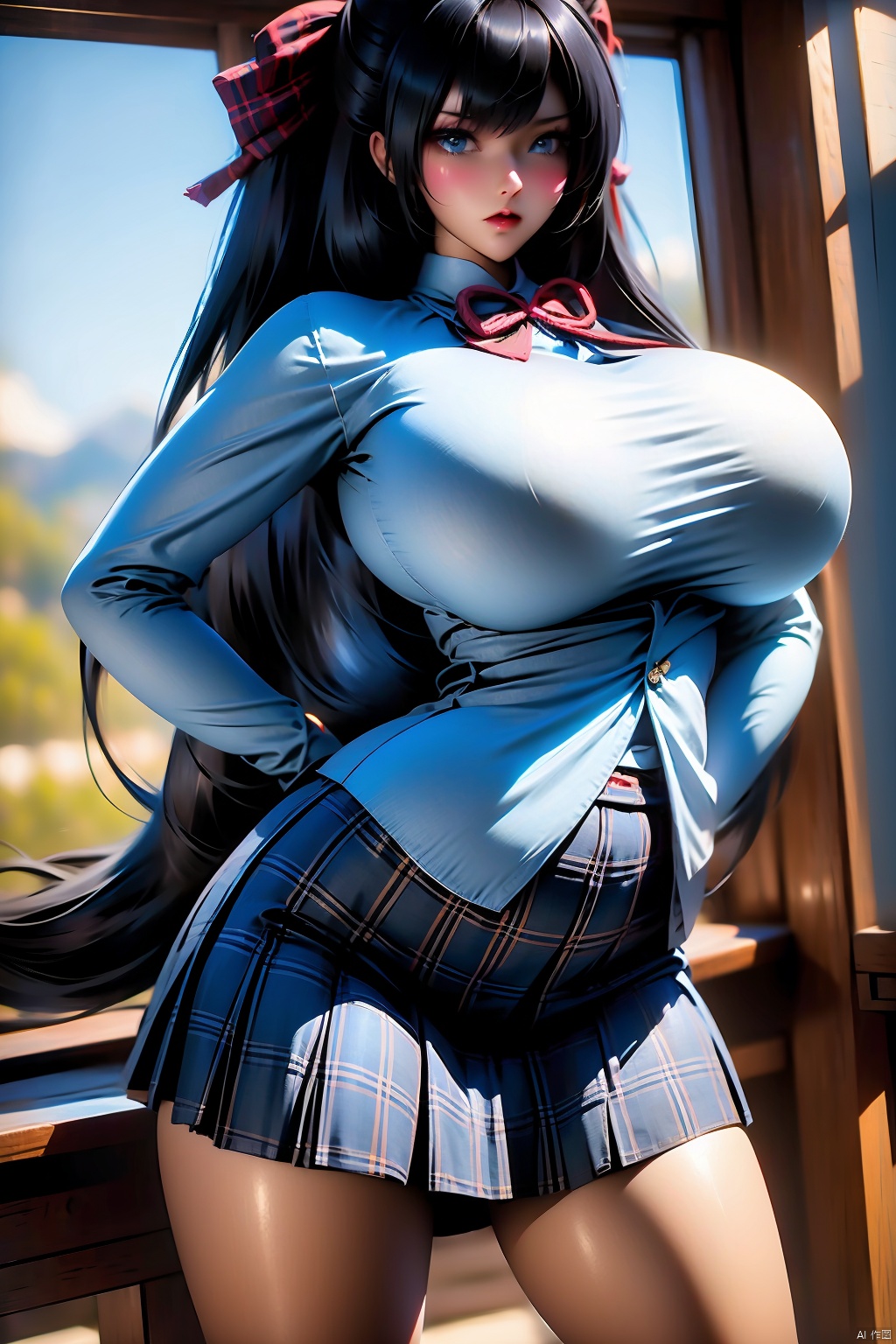 1girl
solo
long hair
breasts
looking at viewer
blush
blue eyes
skirt
black hair
bow
ribbon
school uniform
hair ribbon
hair bow
dark skin
huge breasts
covered nipples
dark-skinned female
hand on hip
plaid
plaid skirt