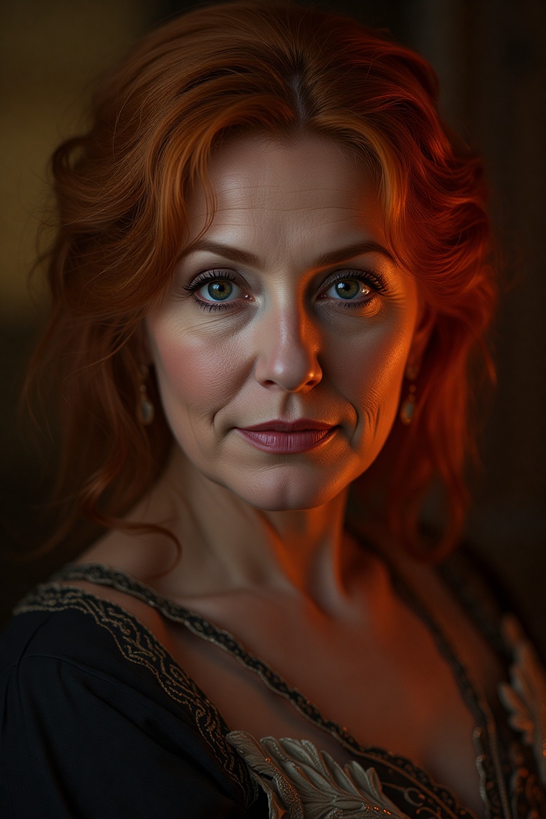 cinematic portrait of Rembrandt style portrait of mature woman with red hairs,  smart,  rich on Tensor.Art