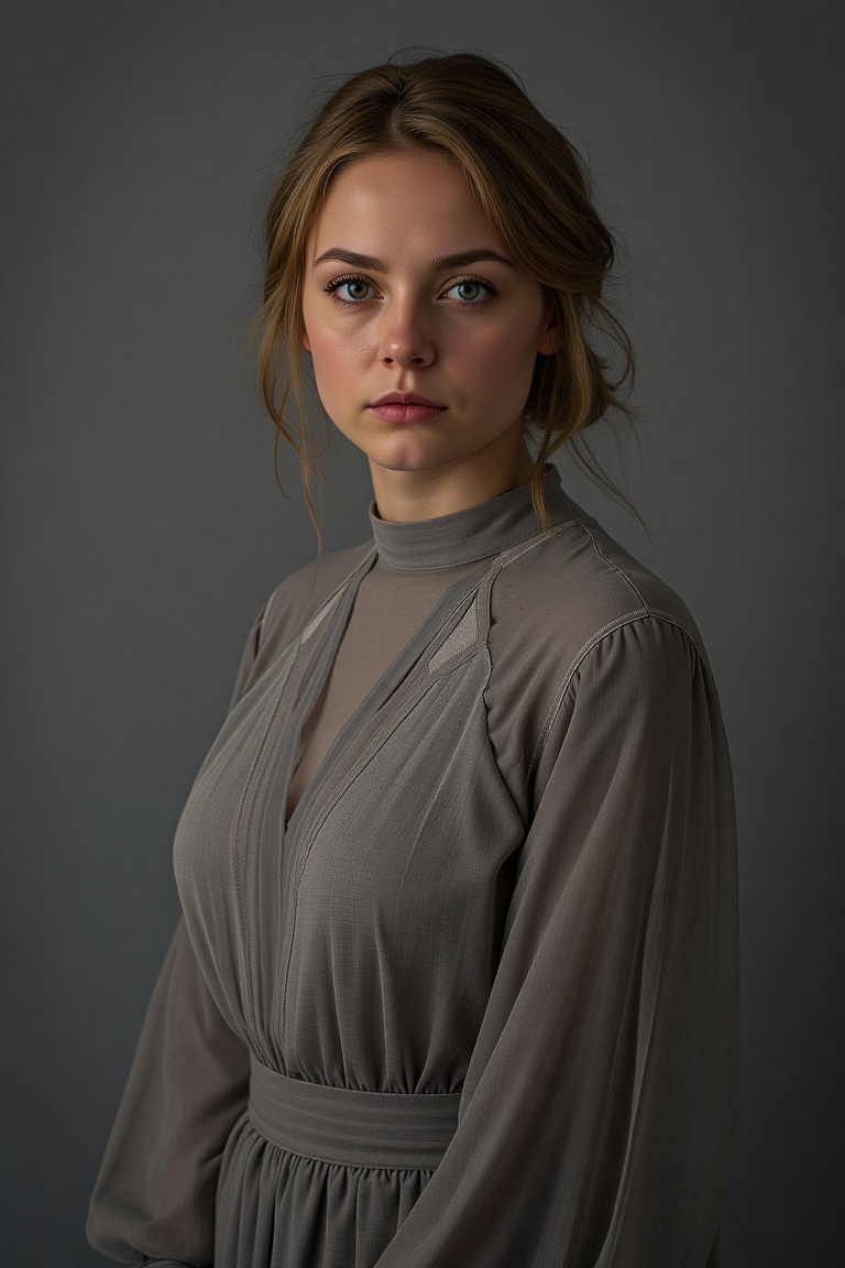 photo of a woman in a gray dress looking at the camera with a serious look on her face,  Adrienn Henczné Deák,  studio por...