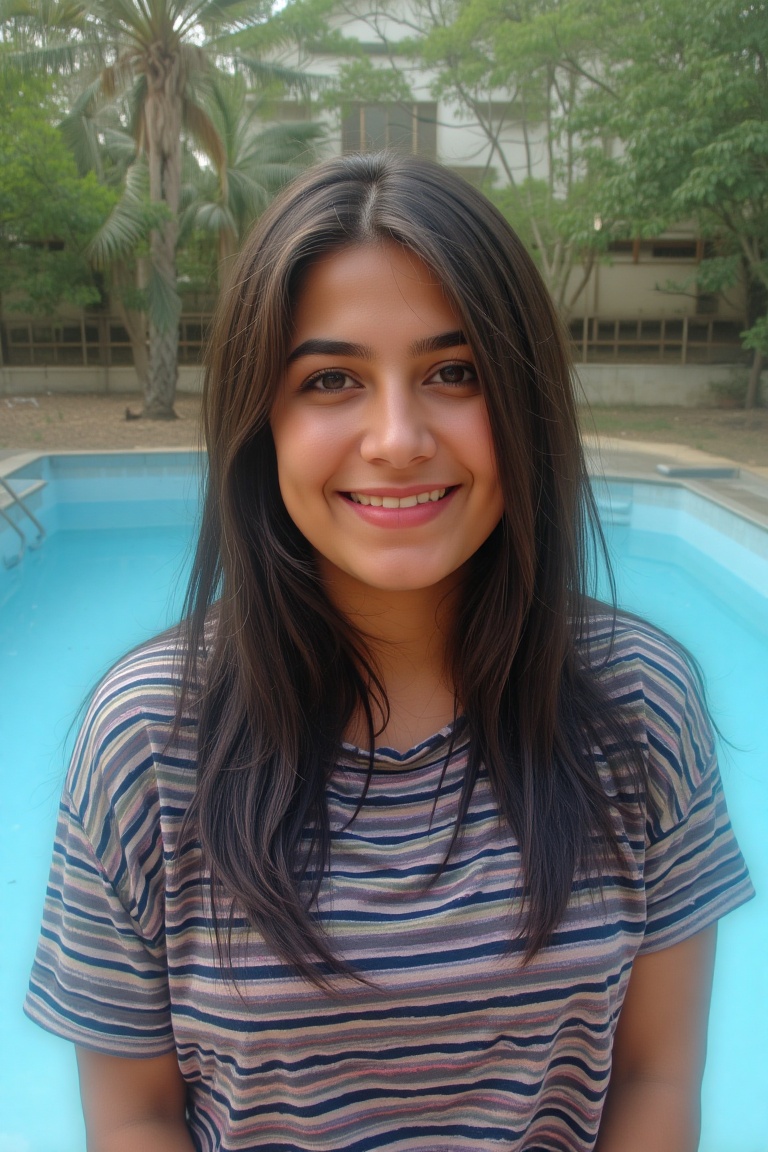 photo of a 19-year-old Latina woman with a striped shirt smiling at the camera with an empty abandoned swimming pool as th...