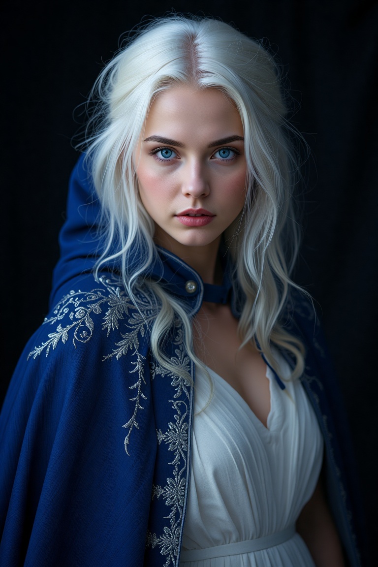 studio photography A high-contrast portrait of a woman with stark,  snow-white hair cascading in loose waves around her de...