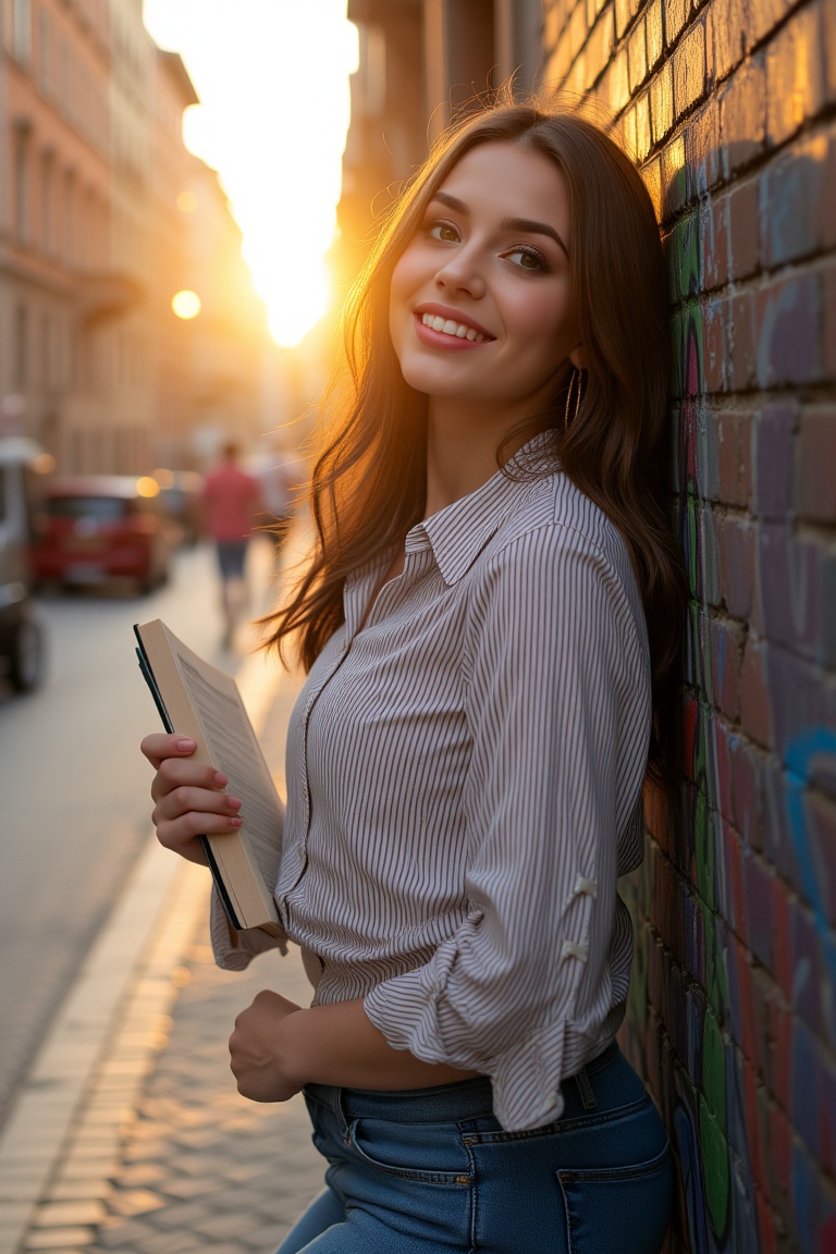 high res closeup photo of a pretty fashion model woman,  leaning her back to a graffiti wall in a busy narrow road in Rome...
