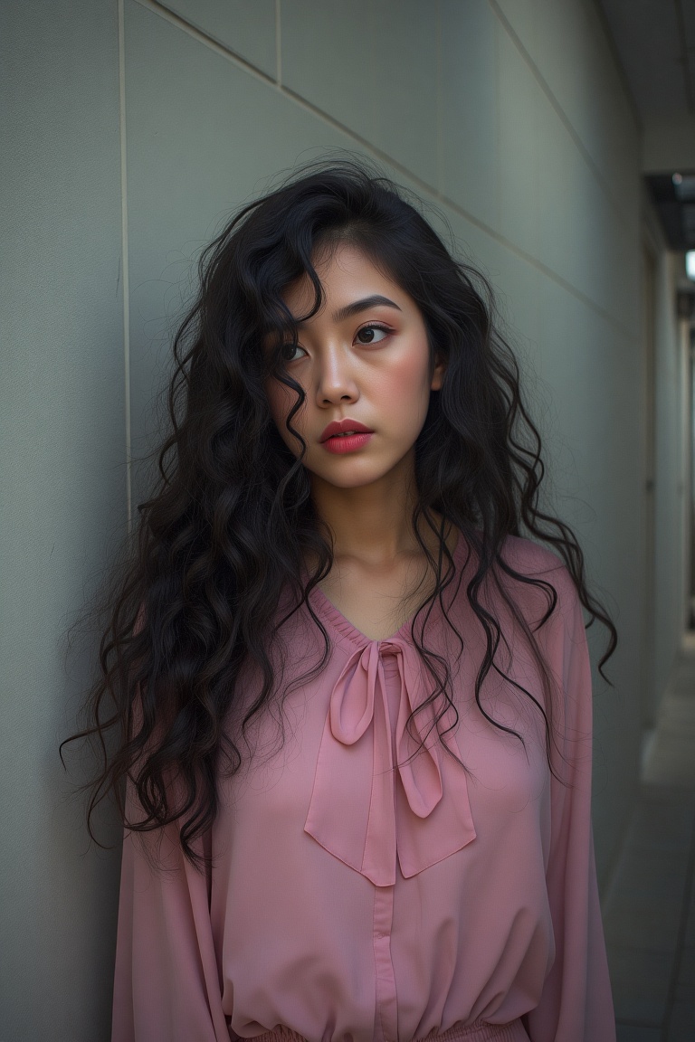 photo of a Korean woman with long curly hair wearing a pink blouse standing in front of a wall and looking off to the side...